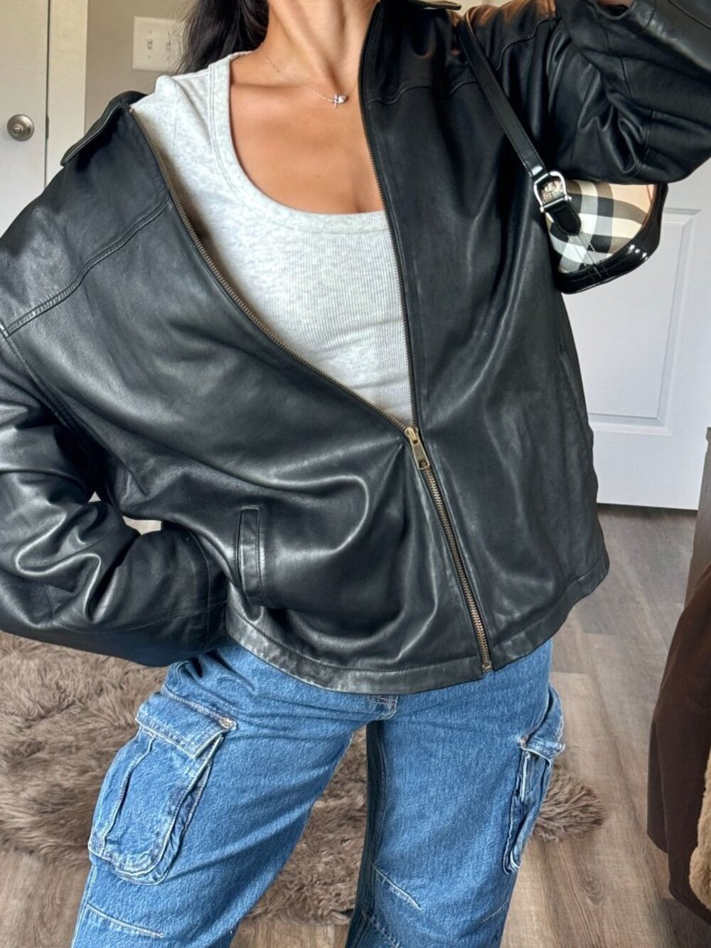 Vintage George Black Leather Bomber Jacket Large Baggy Moto Bikercore Streetwear